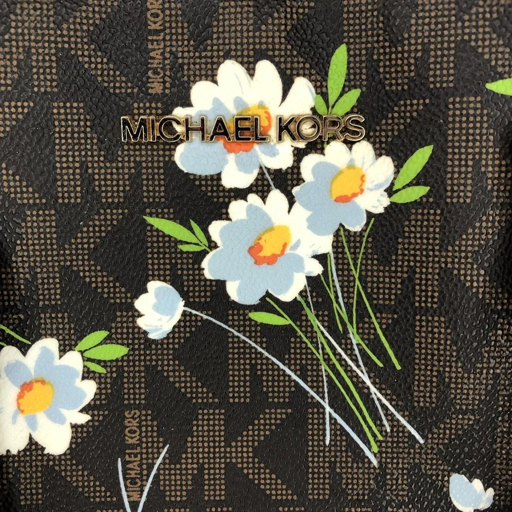 Michael Kors Cindy Dome Satchel‎ Brown White Blue Floral Handbag Purse MK Logo